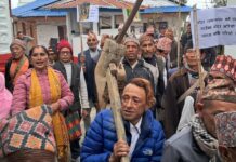 बाँदरपीडित किसानद्वारा कृषि औजारसहित प्रदर्शन