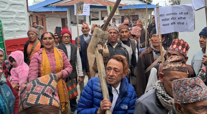 बाँदरपीडित किसानद्वारा कृषि औजारसहित प्रदर्शन